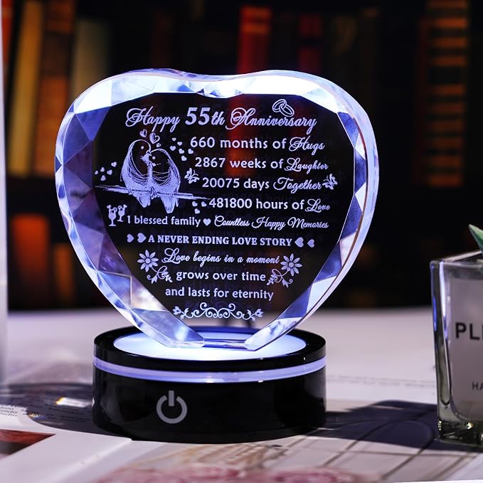 YWHL 55th Wedding Anniversary Crystal Heart Gifts for Couple Parents, Laser Engraved Romantic 55 Year Anniversary Crystal Keepsake Gifts for Wife Husband, 55 Years of Marriage Gifts for Her Him