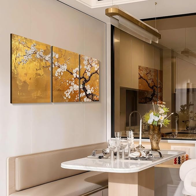 3 Pcs Framed Japanese Golden Plum Blossom Flower Wall Art Decor Canvas Print Picture Traditional Woodblock Print Style Farmhouse Poster Gallery Bedroom Living Room Office 12x16 Inch Ready to Hang