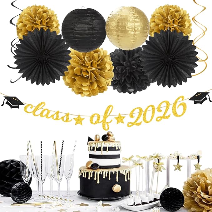 Black-Gold 2026 Class-Congratulations Graduation Party-Decorations - 22pcs High School College Grad Prom Supplies Decor, Tissue Pom Poms Streamers, Paper Flowers Lanterns Hugmoon