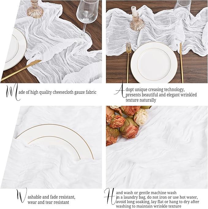 12 Pack White Table Runner 10Ft Cheesecloth Table Runner Rustic Gauze Table Runners Romantic Long Sheer Fabric Cheese Cloth Table Runners for Wedding Party Bridal Baby Shower