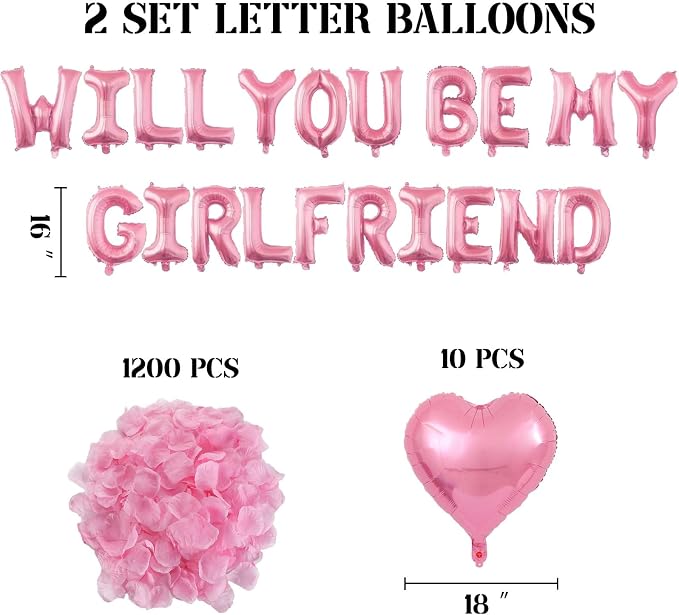 2 Set Pink Will You Be My Girlfriend Balloons - 42pcs 16" Letter Balloons 1200pcs Pink Artificial Rose Petals 10pcs 18" Heart Balloon Alphabet Foil Mylar Balloon for Valentines Day Decorations