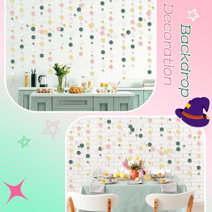 Outus 5 Pieces Colorful Circle Garland Banner Hanging Paper Dot Decorations for Classroom, Birthday Party, Baby Shower, Wedding Backdrop & Photo Booth Graduation Decor (Sage Green,Pink,Gold)