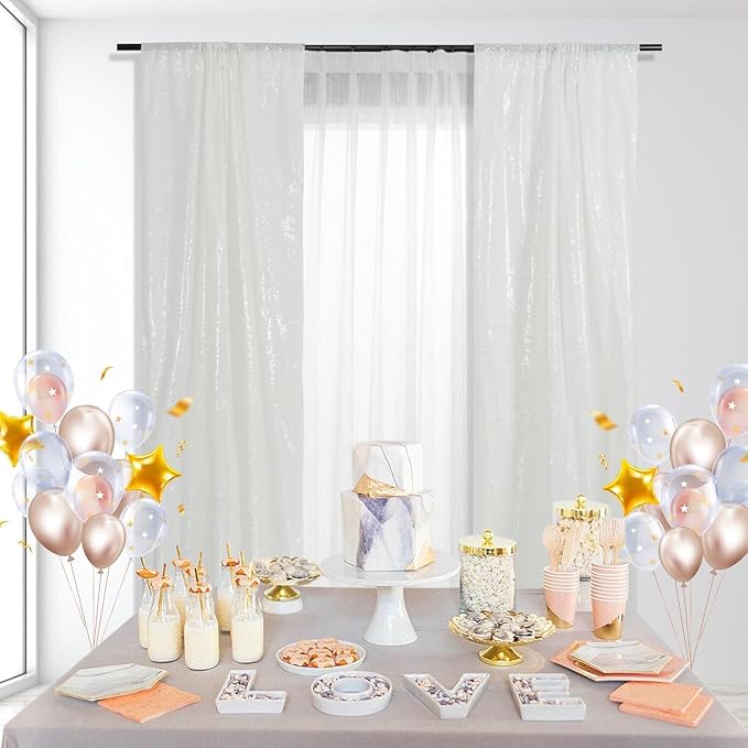 PartyDelight White Sequin Backdrop Curtains 2x8ft 4 Panels | 3mm stitched sequin curtain with 4 inch rod pocket for 2x8ft 4 panel fuller wall coverage pleated backdrop and 8ft stand