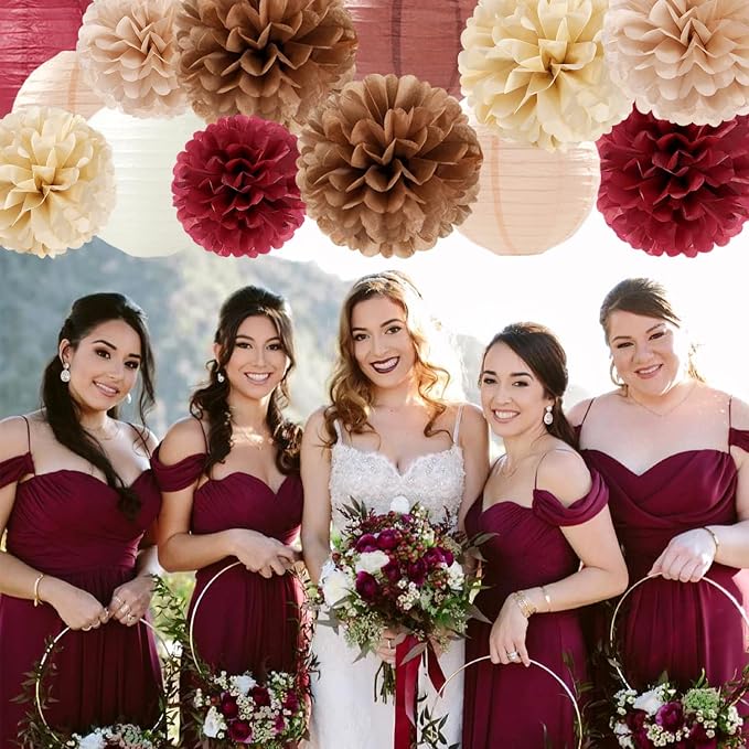 Burgundy-Brown Champagne Party-Decorations Paper-Flowers Lanterns - 15PCS Fall Boho Tissue Pom Poms Streamers,Autumn Rustic Baby Shower Neutral Wedding Birthday Decor Hugfond
