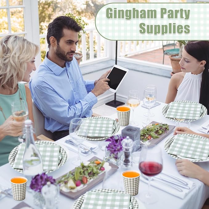 Funnymoom 250 Pcs Sage Green Gingham Paper Plates and Napkins Party Supplies Green and White Checkered Disposable Plaid Tableware Set for Wedding Bridal Shower Farmer Market Picnic Party Decorations