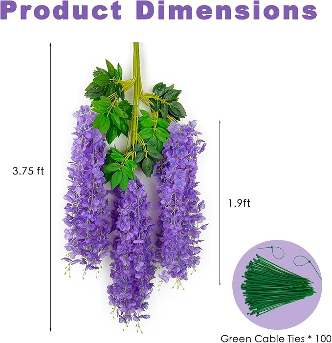 BIRDDIE 24Pcs of Artificial Wisteria Hanging Flowers, 3.75 Feet Fake Wisteria Flower Strings for Backdrop, Wedding, Ceremony,Garden and Home Wall Decoration (Light Purple)