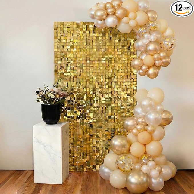 Light Gold Shimmer Wall Backdrop 12 Panels Cover 4 x 3 Ft, Photo Backdrops for Wedding,Anniversary,Birthday,Party Decoration