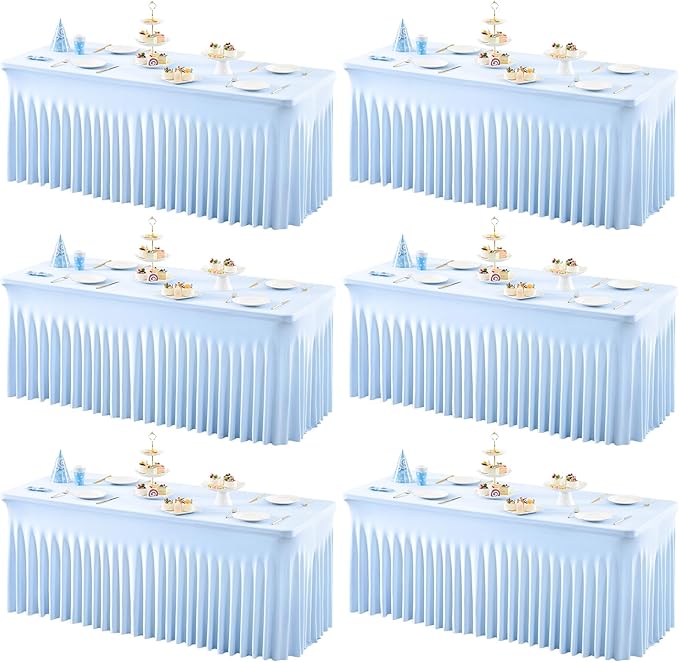 Shillance Baby Blue Spandex Table Covers 8ft, 6 Packs Fitted Table Covers for 6 Foot Tables Stretch Spandex Table Skirts Rectangle Tables for Event, Wedding, Banquet & Parties