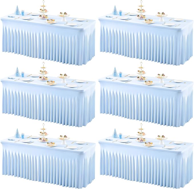 6 Packs Baby Blue Table Clothes for 6 Foot Rectangle Tables, One-Piece Wrinkle Resistant Stretch Spandex Table Covers with Skirt for Event Banquet Wedding Birthday Party