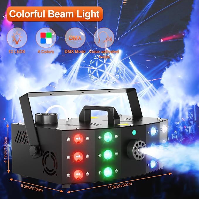 Hakuta Fog Machine Smoke Machine with 12 LED Colorful Beam Light DMX Light Control & Manual Control & Wireless Remote Perfect for Indoor Wedding, Halloween, Party and Stage Effect
