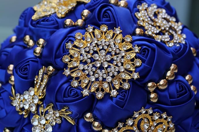Royal Blue Gold Brooch Wedding Bridal Bouquet for Bride Bridesmaid Quinceanera with Bling Rhinestone Pearl Satin Rose Flower Bouquet Wedding Royal Blue 8.3in