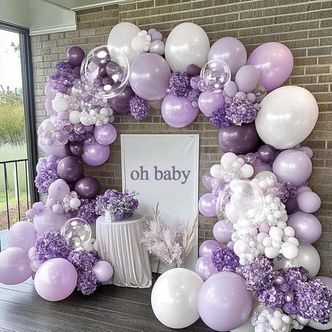 Purple White Balloon Garland Double Stuffed Light White Lilac Balloons Pearl Balloon Arch Kit For Lavender Fairy Birthday Baby Shower Wedding Wild Flower Bridal Shower Party Decor
