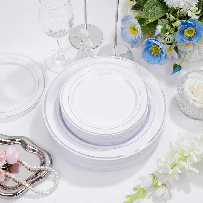 Supernal 102pcs White and Silver Plastic Plates Disaposable Party Plates White Silver Rim Heavy Duty Fancy Silver Plastic Dinnerware Set included 51 Dinner & Dessert Plates for Valentine's Day