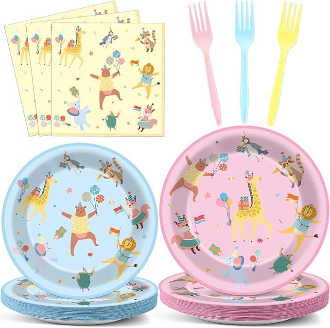 96Pcs Animal Party Supplies Pastel Animal Paper Plates and Napkins Jungle Safari Theme Tableware Decorations Set for Kids Girls Birthday Baby Shower Celebration Party Favor Serves 24