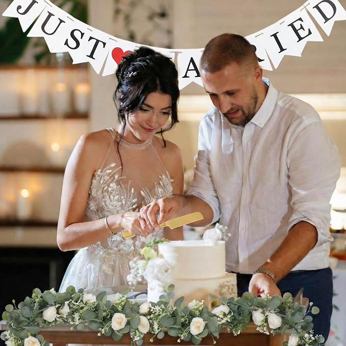 Complete Wedding Decoration Set - Mr & Mrs Sign with Just Married Banner, Gold Cake Cutting Set, 13ft Eucalyptus Rose Garland and 200 Pcs Ivory Petals for Aisle Scatter & Table Centerpieces