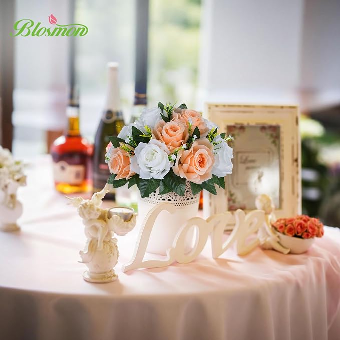 BLOSMON Rose Flower Balls Centerpieces: 6pcs Peach Fuzz Artificial Flowers | 9.5 Inch Fake Rose Floral Arrangements for Wedding Table - Faux Silk Kissing Bouquet with Base Party DIY Decorations