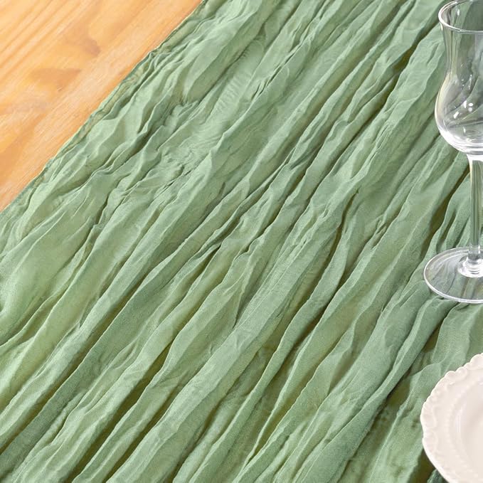 DeZerlor Sage Green Cheesecloth Table Runner Spring Easter Table Runner Boho Gauze 120 Inches Sage Cheese Cloth Table Decor for Wedding Bridal Baby Shower Parties