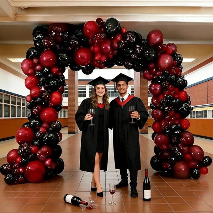 Black Red Balloon Arch Double Stuffed Black Burgundy Maroon Balloons Dark Ruby Red Metallic Balloon Garland Kit for Graduation Birthday Wedding Mother's Day Anniversary Party Decorations
