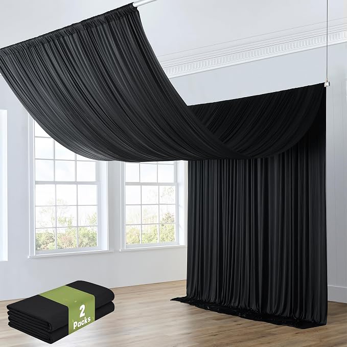 10ft x 20ft Black Ceiling Drapes for Wedding Parties, Wrinkle Free Thick Polyester 20ft Extra Long Tent Canopy Draping Black Ceiling Curtains Arch Drapery for Birthday Party Decor