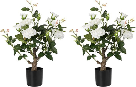 24’’ Artificial Rose Tree, 2 Pack Faux Rose Plants with White Flowers and Green Leaves, 2FT Silk Potted Tree for Indoor Outdoor Home Office Porch Garden Decor, White
