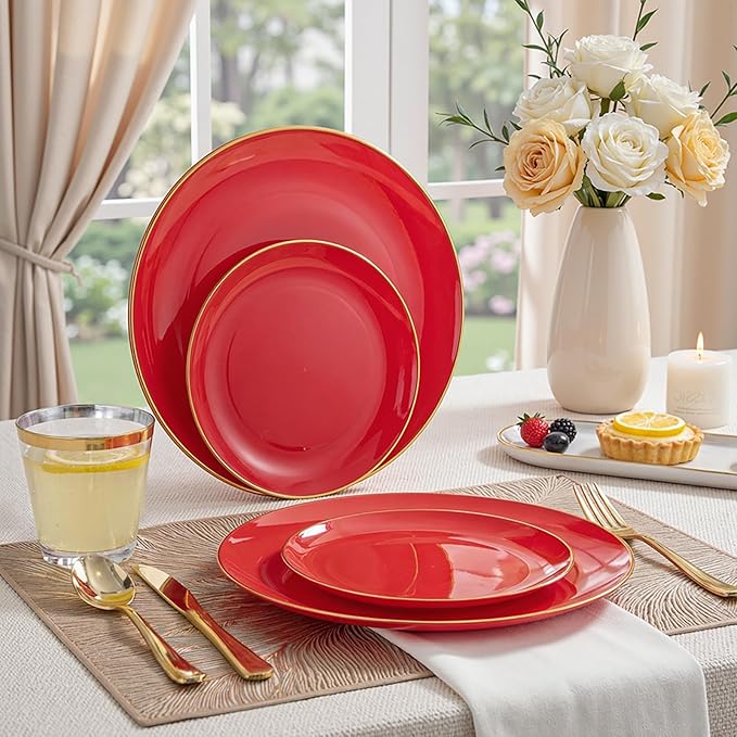 WDF 300Pcs Red Disposable Plates - Red Plastic Plates - 50guest Disposable Dinnerware Include 50 Dinner Plate, 50 Dessert Plate, 150 Cutlery & 50 9oz Cups for Wedding Baby Shower Spring Mother's Day
