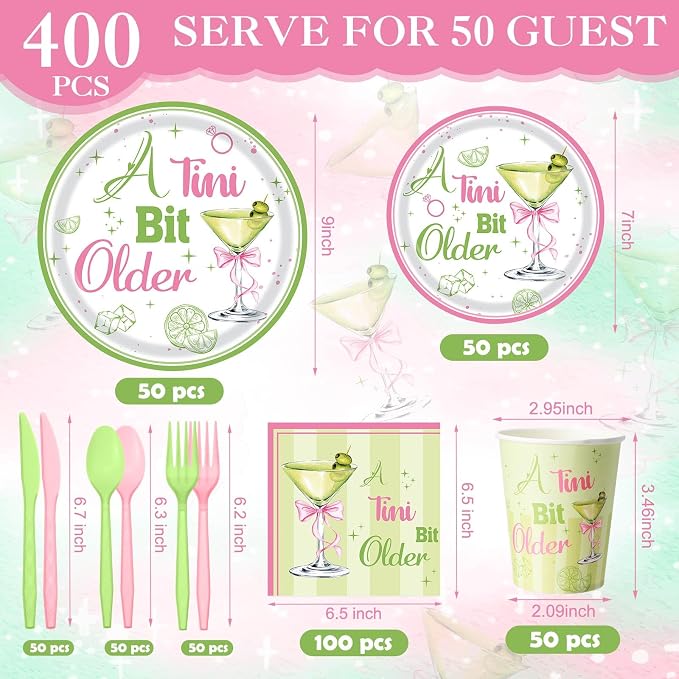 Pickmesh 400 Pcs A Tini Bit Older Birthday Party Plates and Napkin Decoration Martini Cups Knives Hot Pink & Green Paper Tableware for Women Birthday Bridal Wedding Baby Shower Supplies Serve 50