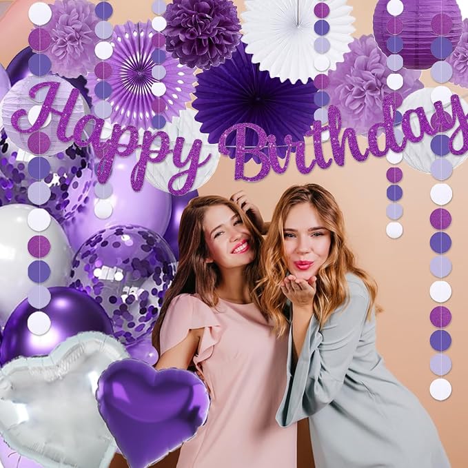 Purple Birthday Decorations for Women Girls,Happy Banner,Lilac Paper Lanterns Tissue Pom Poms Flower Fan,Purple White Balloon Décor For 40th 50th Anniversary Princess Backdrop Party Supplies