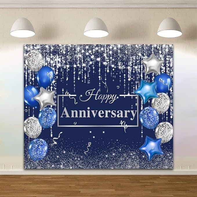 Happy Anniversary Backdrop 10x8ft Navy Silver Glitter Diamond Background for Wedding Anniversary Bridal Shower Party Decorations Photo Backdrops Miss to Mrs Photography Background