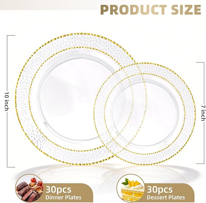 HOMIP 60PCS Clear Plastic Plates with Gold Stone Texture rim - Disposable Party Crystal Plates Include 30PCS 10" Dinner Plate & 30PCS 7" Dessert Plate Perfect for Wedding & Party