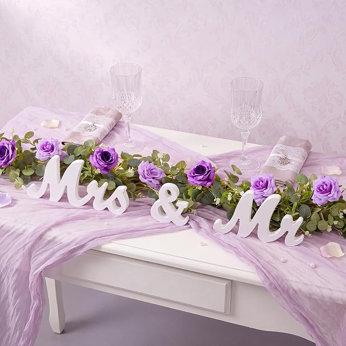 Canlierr 2pcs Large White Mr & Mrs Sign for Wedding Table with 5.91ft Artificial Flowers Garland, Wedding Centerpieces Wooden Bride and Groom Table Decorations for Engagement Decor (Purple)