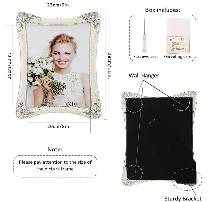 8x10 Vintage Metal White Picture Frame Silver Border Floral Fancy Antique Photo Frame Ornate Gold Frame Tabletop or Wall Art Display, Clear HD Glass Front, Wedding Frame Gifts for Couples Women