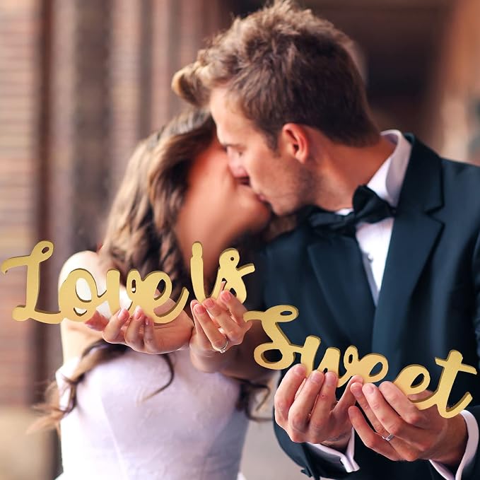 Love Is Sweet Table Decor Hollow Sign Wooden Love Is Sweet Sign for Dessert Table Freestanding Wood Is Wooden Letter Top for Wedding Shelf(Gold)