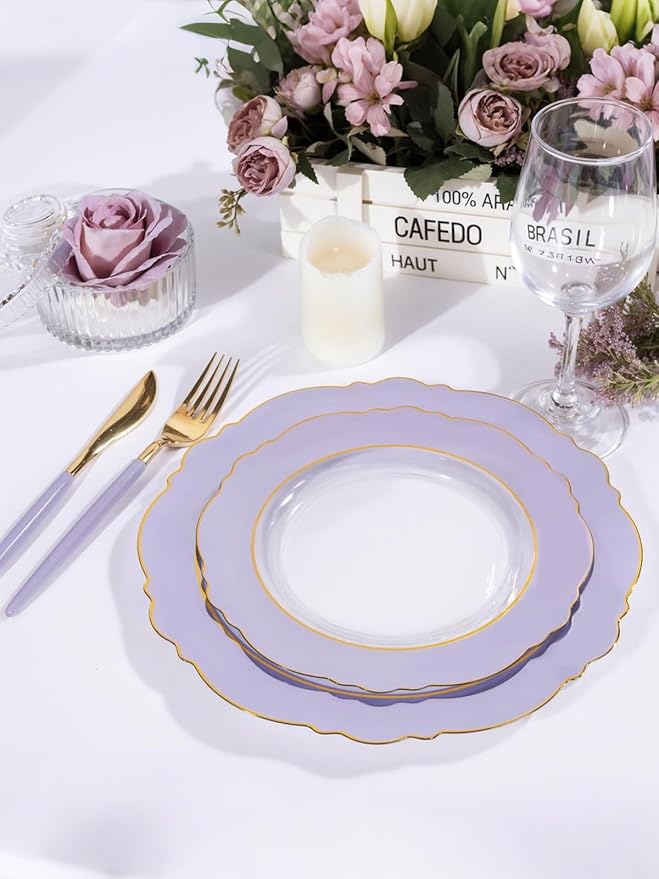 WDF 60pcs Clear Purple Plates Disposable with Gold Rim - Baroque Lavender Purple Plastic Plates for Party/Wedding/Spring Picnic/Mother's Day