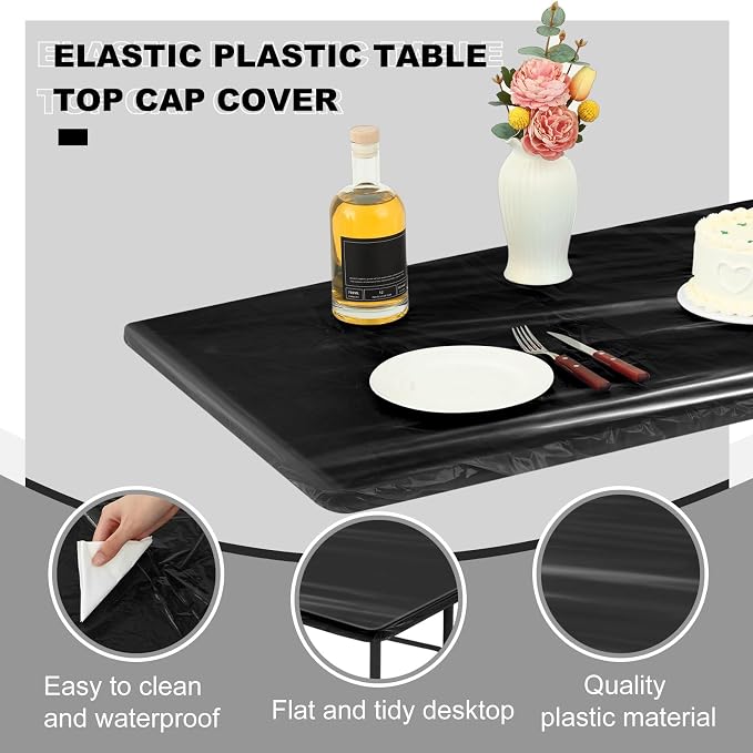 Boao 24 Pcs Summer Plastic Table Cloth Rectangle Picnic Table Covers Elastic Fitted Tablecloth, Disposable Waterproof for Camping, Indoor, Outdoor(8 Ft, 96 x 30 Inch,Black)