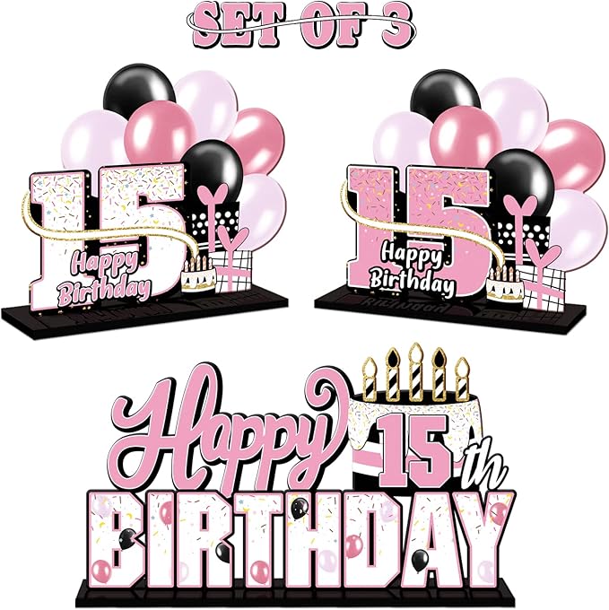 LINGTEER Happy 15th Birthday Pink Acrylic Table Topper Centerpieces Set - Cheers to 15 Years Old Birthday Fifteen Bday Party Gift Decorations.