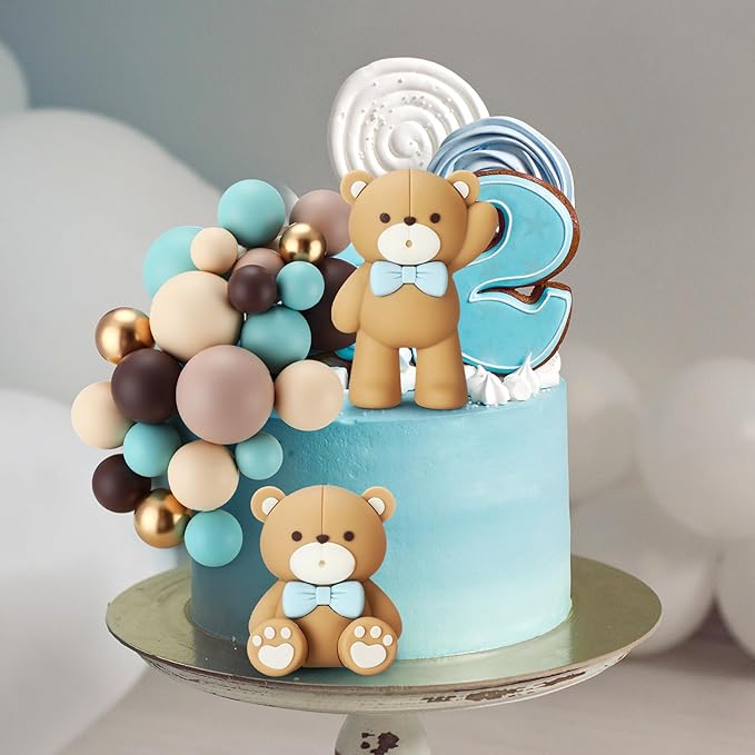 Geelin 101 Pcs Teddy Bear Ball Cake Toppers Decors Blue Brown Gold Khaki Mini Balloons Foam Balls Cake Toppers for Bear Birthday Cupcake Baby Shower Wedding Decoration