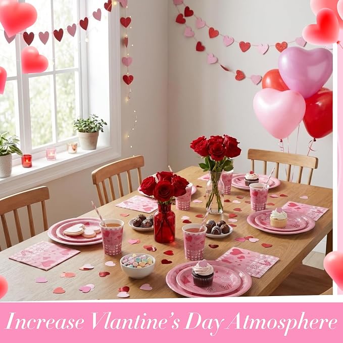 Jenaai 200 Pcs Valentine's Day Tableware Set Serve for 50 Guests Valentine's Day Party Supplies 9" Dinner Plates 7" Dessert Plates Paper Cups and Napkins Set for Dinnerware Tableware Disposable
