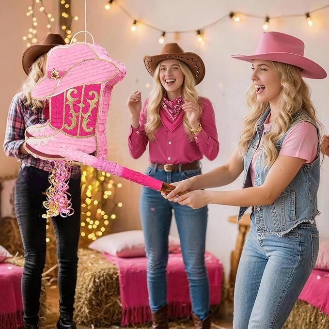 WERNNSAI Cowgirl Boot Piñata - Western Hat Piñata with Blindfold and Bat Cowgirl Party Decorations Girls Birthday Party Favors for Adults Kids Horse Racing Party Supplies