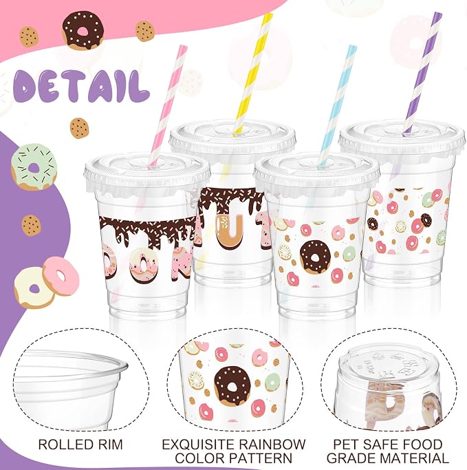 FoldTier 50 Pcs Donut Birthday party Plastic Cup 12 oz Cold Drinks Cups Doughnut Thick Clear Mug Disposable Mugs with Lids for Iced Coffee Smoothie Milkshake Birthday Party Sweet Holiday