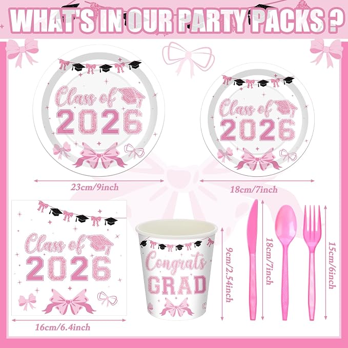 168 Pcs Pink Graduation Decorations Pink Bow Class of 2026 Party Supplies Serve 24 Coquette Graduation Plates, Napkins, Cutlery Set Congrats Grad Tableware Set Disposable Paper Plates Cups