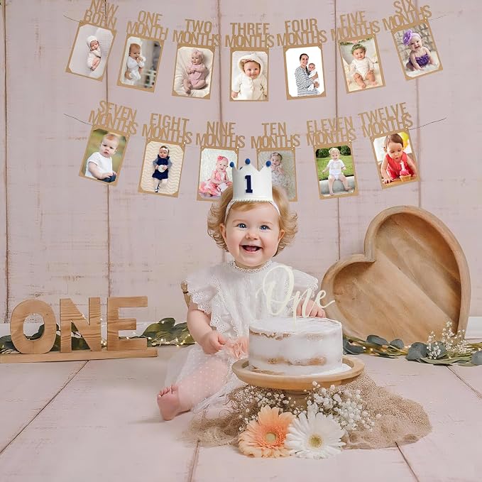 Handmade 1st Birthday High Chair Banner Birthday Decorations for Baby Boy with Garland Crown Hat Wild One Cake Topper Baby Photo Banner for Boy Wall Hangings Decorations(White)