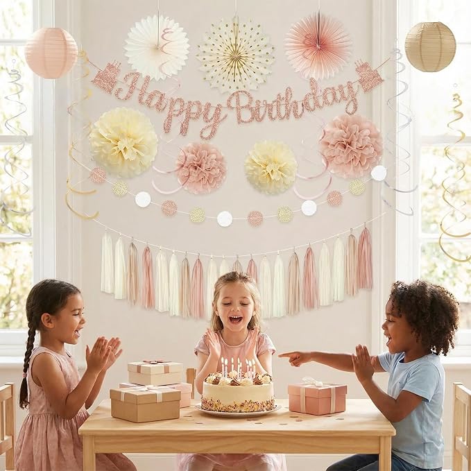Champagne Gold Beige Birthday Party Decorations, Happy Birthday Banner, Paper Pompoms, Lanterns, Fans, Hanging Swirls, Circle Dots Garland Tassel Garland for Birthdays Party Decorations 37pcs