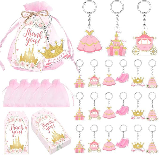 72Pcs Princess Party Favors for Girls, Princess Baby Shower Favors Princess Keychains Thank You Tags Pink Organza Bags Floral Castle Crown Favors for Girl Princess Baby Shower Birthday Party Supplies