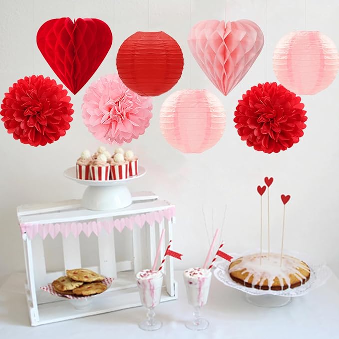 Red Pink Valentines Day Paper Flowers Hearts Honeycomb Lanterns Tissue Pom Poms 15pcs Galentines Party Decorations Anniversary Love Birthday Wedding Baby Shower Hanging Supplies Mprocherify