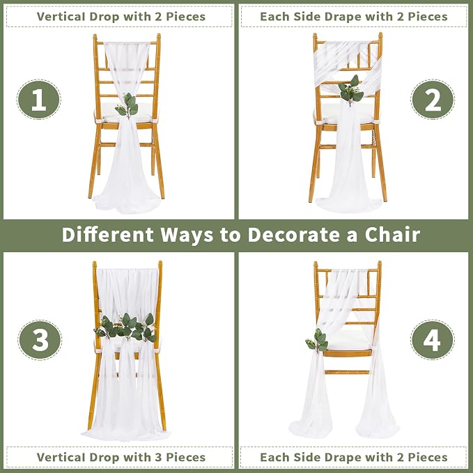 QueenDream White Sashes Wedding Chair Decorations: 50PCS Tulle Chair Cover Bands Aisle Sheer Chairs Bows for Indoor Outdoor Ceremony Banquet