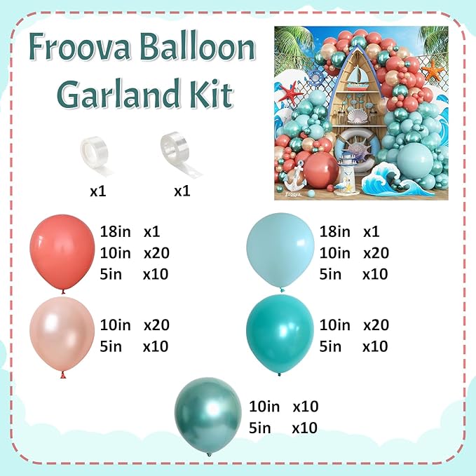 Tropical Balloon Garland Arch Kit, 144pcs Retro Orange Pastel Aqua Teal Blue Rose Gold Turquoise Metallic Dark Green Balloon for Birthday Hawaiian Luau Baby Shower Summer Theme Party Decoration