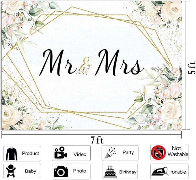 Mr & Mrs White Floral Bridal Shower Backdrop Mr Mrs Wedding Theme Photo Backgrounds 7x5ft Wedding Bride to Be Engagement Photography Backdrops Prom Party Banner Decor Party Banner Photo Booth Prop
