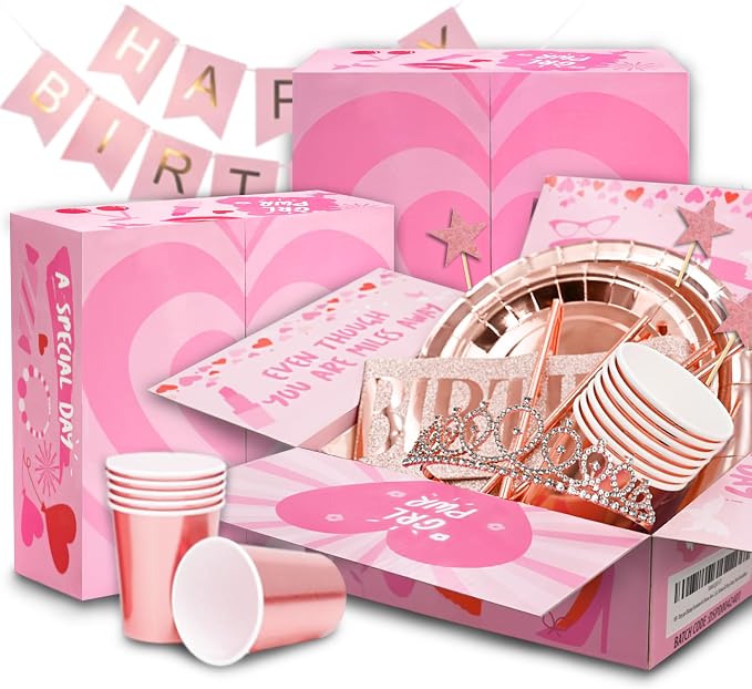 255 pcs Sweet 16 Party Decorations, 25 sets of Tableware, Sweet 16th Birthday Decorations, Rose Gold Party Decorations, 25 Tableware Sets, Balloon, Pump, Banner, Tassel Curtain for Girls