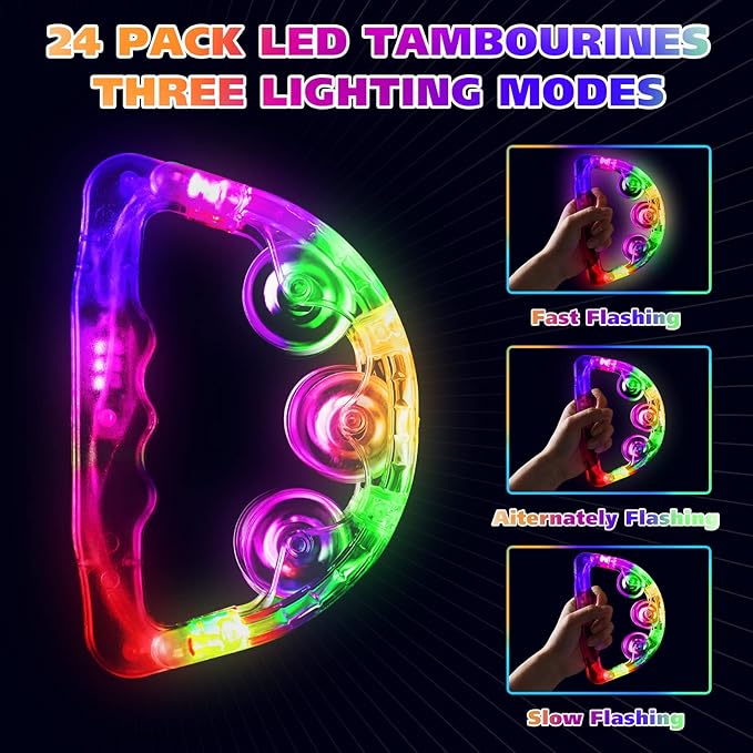 Yunsailing 24 Pack LED Light up Tambourines Musical Flashing Tambourine Toys Handheld Percussion Instrument Glow in The Dark Party Supplies for Teenagers Adults Wedding Party Favors