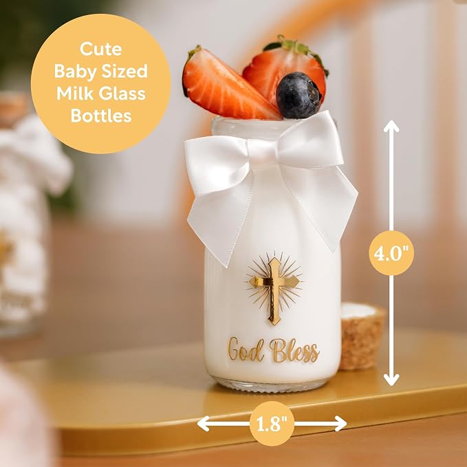 Ethisa Vintage 12 Pack Baptism Glass Bottles with Ribbons and Stickers - Classy God Bless Party Favors for Baptism and 1st Communion - Bautizo Table Centerpiece Decoration - Baby Christening Candy Jar